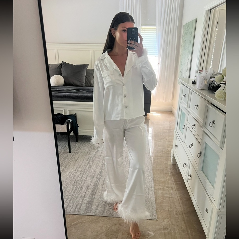 Lulus White Feather Trim Pajama Set
